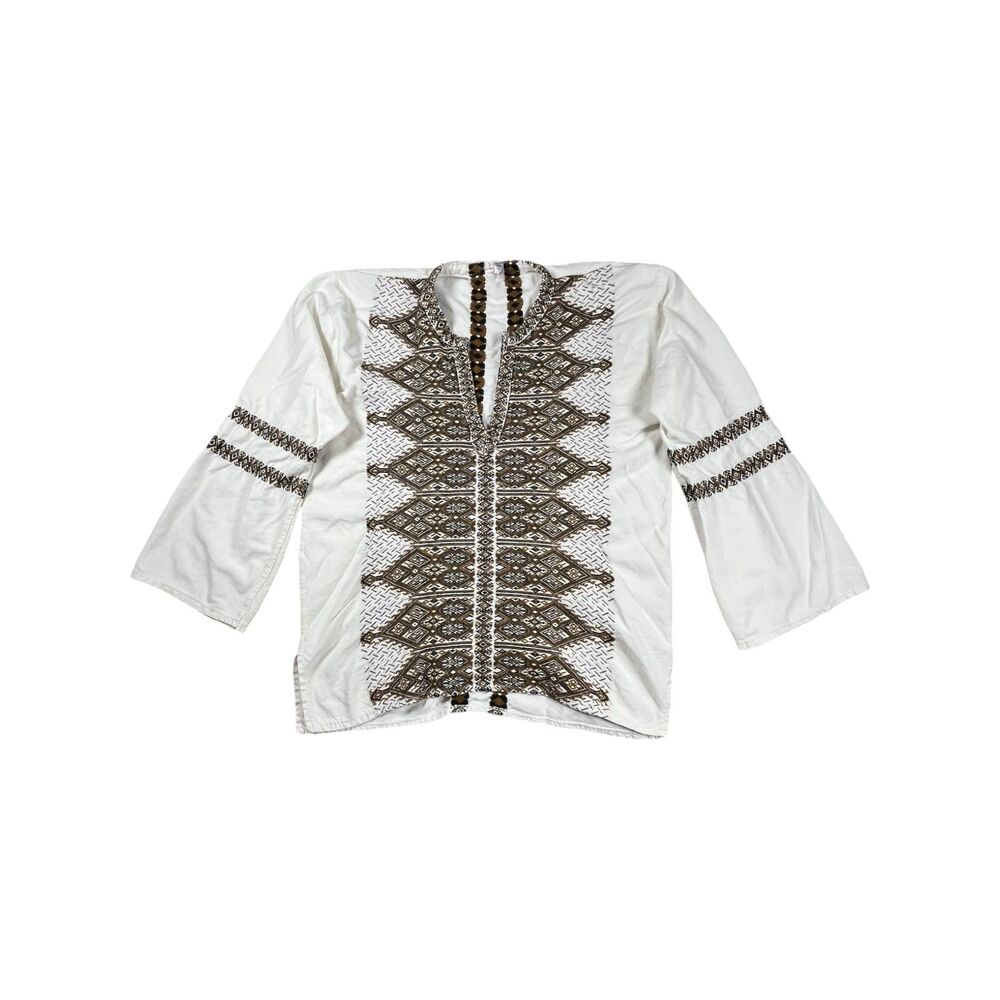 Vintage Greek Folk Embroidered Peasant Blouse Boho Tunic Top Womens Large
